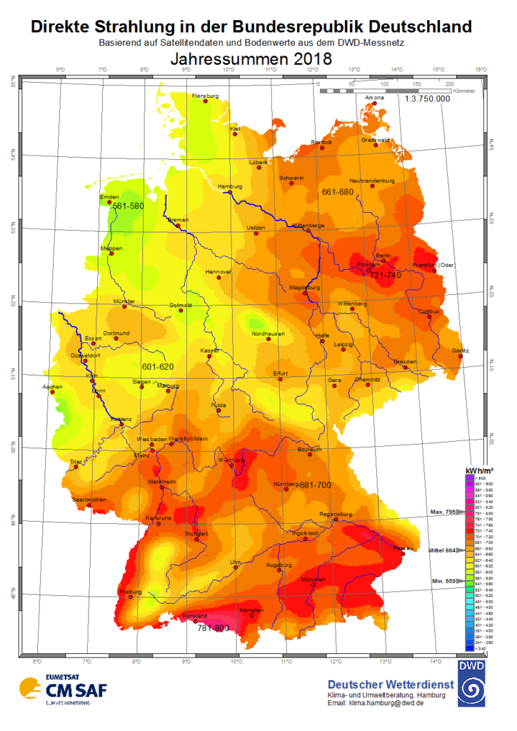 Durchschnittliche direkte Strahlung in Deutschland