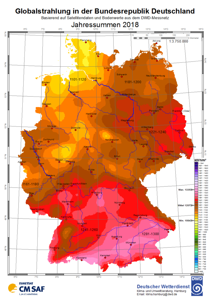 Globalstrahlungskarte Durchschnitt 2018