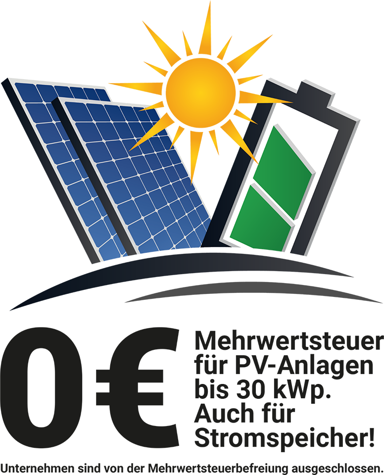 0 € Mehrtwersteuer auf Photovoltaikanlagen bis 30 kWp und für Stromspeicher