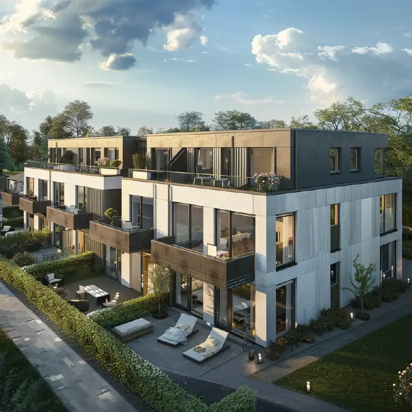 Solarmodule auf einem Dach eines Mehrfamilienhauses