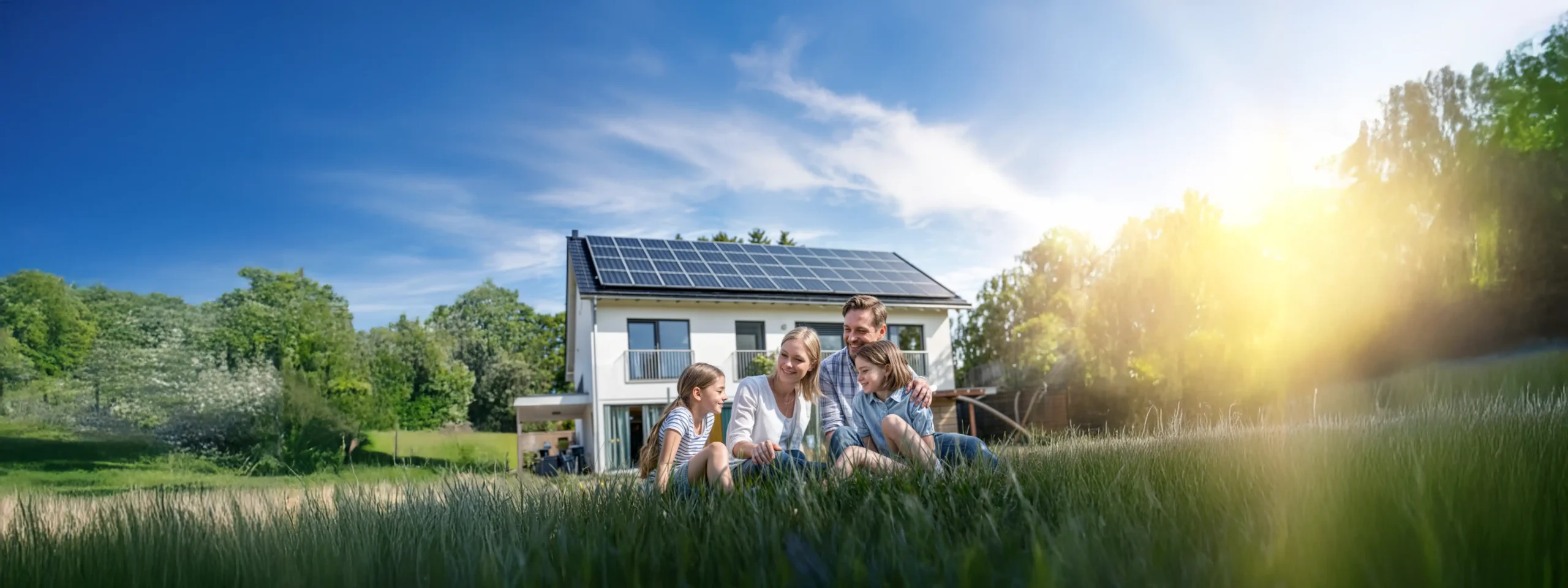 Ein Banner mit einer jungen Familie die auf der Wiese sitzen und den sonnigen Tag genießen. Im Hintergrund sieht man das Einfamilienhaus mit einer fertigen Solaranlage auf dem Dach und drumherum Natur.
