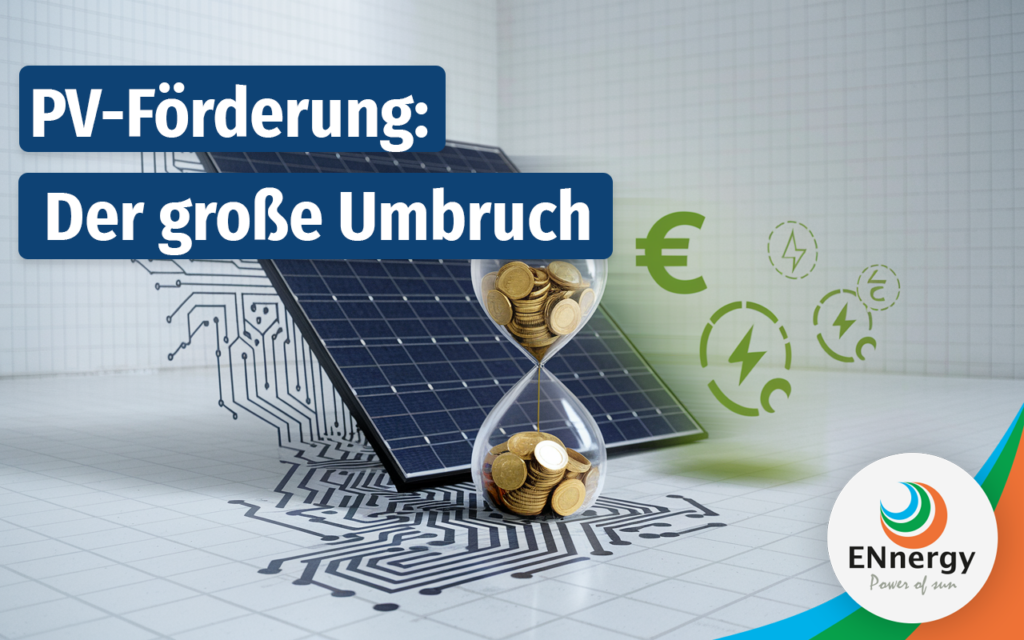 "Illustration zum Ende der Photovoltaik Einspeisevergütung: Ein 3D-Solarpanel mit digitalen Elementen zeigt die Transformation von Euro-Symbolen zu Energieblitzen, symbolisch für den Wandel in der PV-Förderung.