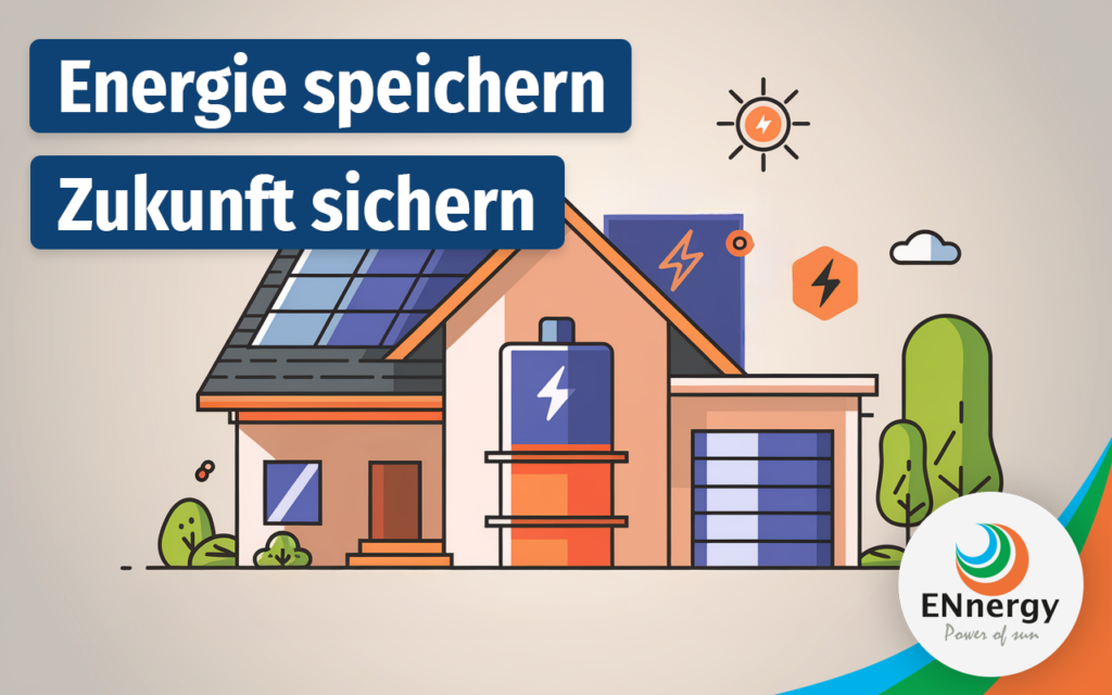 Technische Illustration eines Eigenheims mit Photovoltaikanlage und großem Batteriespeichersystem, die den Energiefluss zwischen Solarmodulen, Speicher und Hausverbrauch zeigt