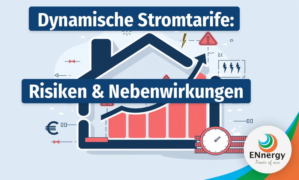 Infografik zu Risiken dynamischer Stromtarife: Preiskurve mit Warnsymbolen und einem Hausumriss, der die Auswirkungen auf Privathaushalte symbolisiert