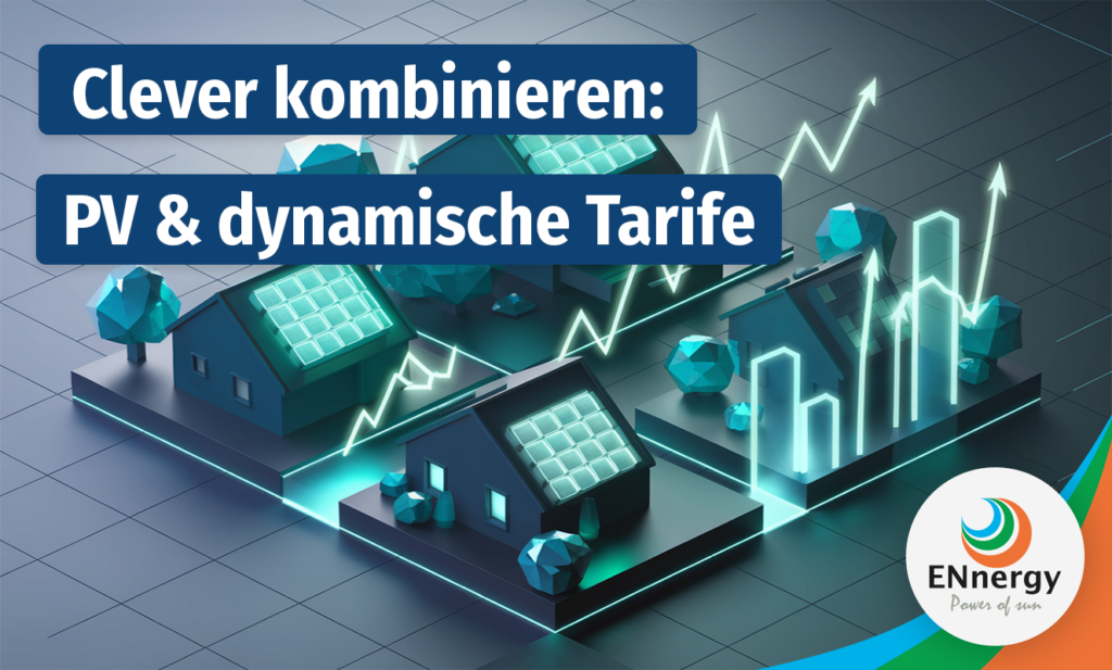 Isometrische Vogelperspektive eines Wohnviertels mit leuchtenden Photovoltaikanlagen und dynamischen Preisgrafiken zur Visualisierung optimierter Stromtarife