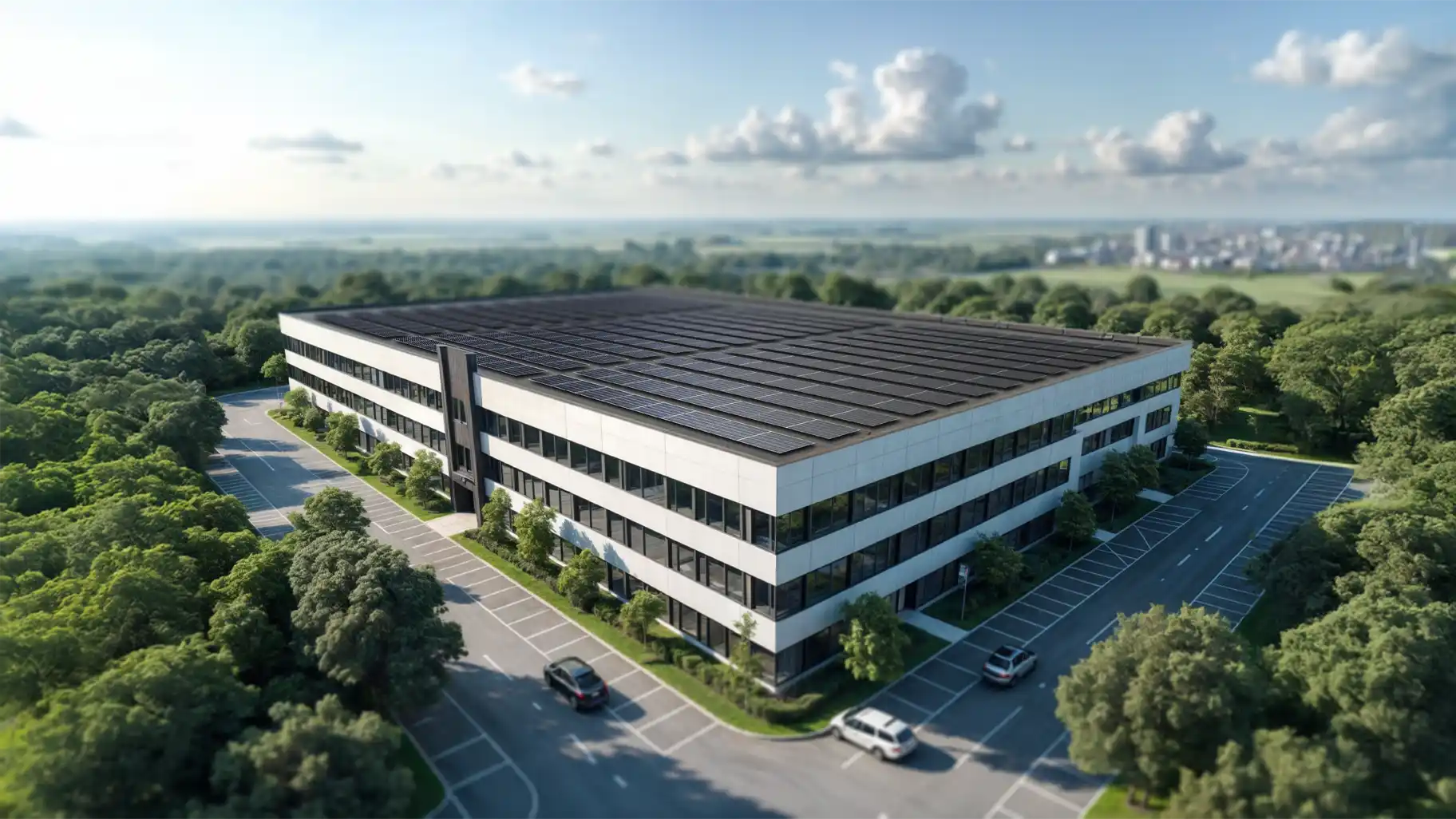 Ein großes Unternehmenskomplex. Das gesamte Flachdach ist mit Solarmodulen ausgelegt.