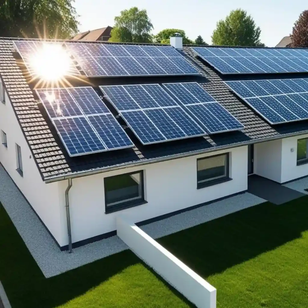 Ein Einfamilienhaus mit einer Solaranlage auf dem Dach