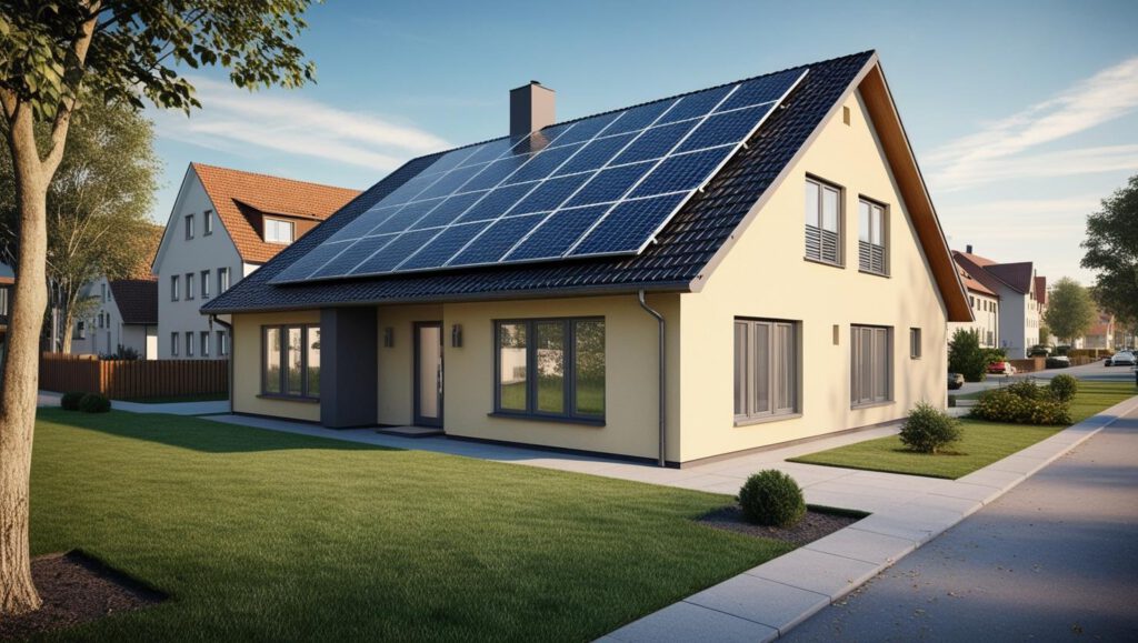 Ein Einfamilienhaus mit einer Solaranlage auf dem Dach