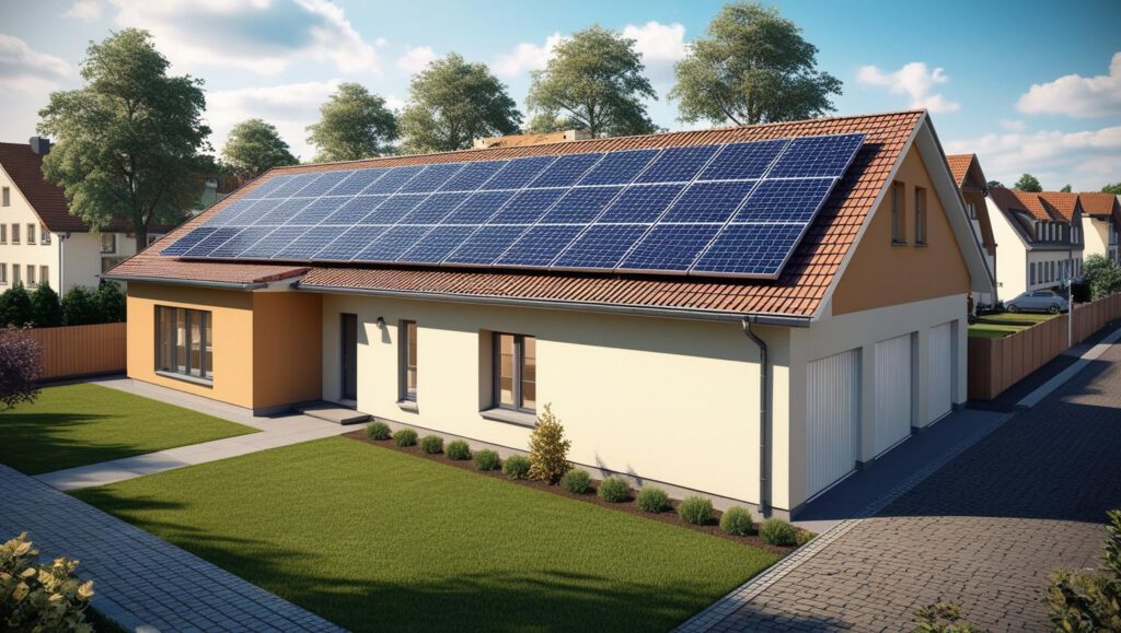 Ein Einfamilienhaus mit einer Solaranlage auf dem Dach
