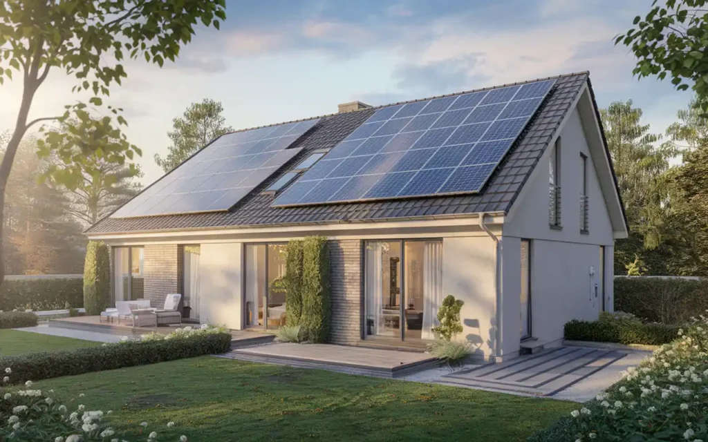 Modernes Einfamilienhaus mit einer Photovoltaikanlage auf dem Dach