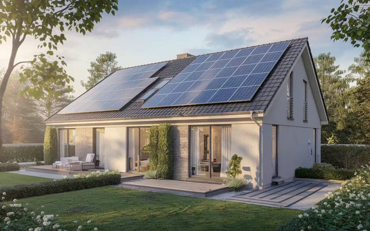 Modernes Einfamilienhaus mit Photovoltaikanlage auf dem Dach