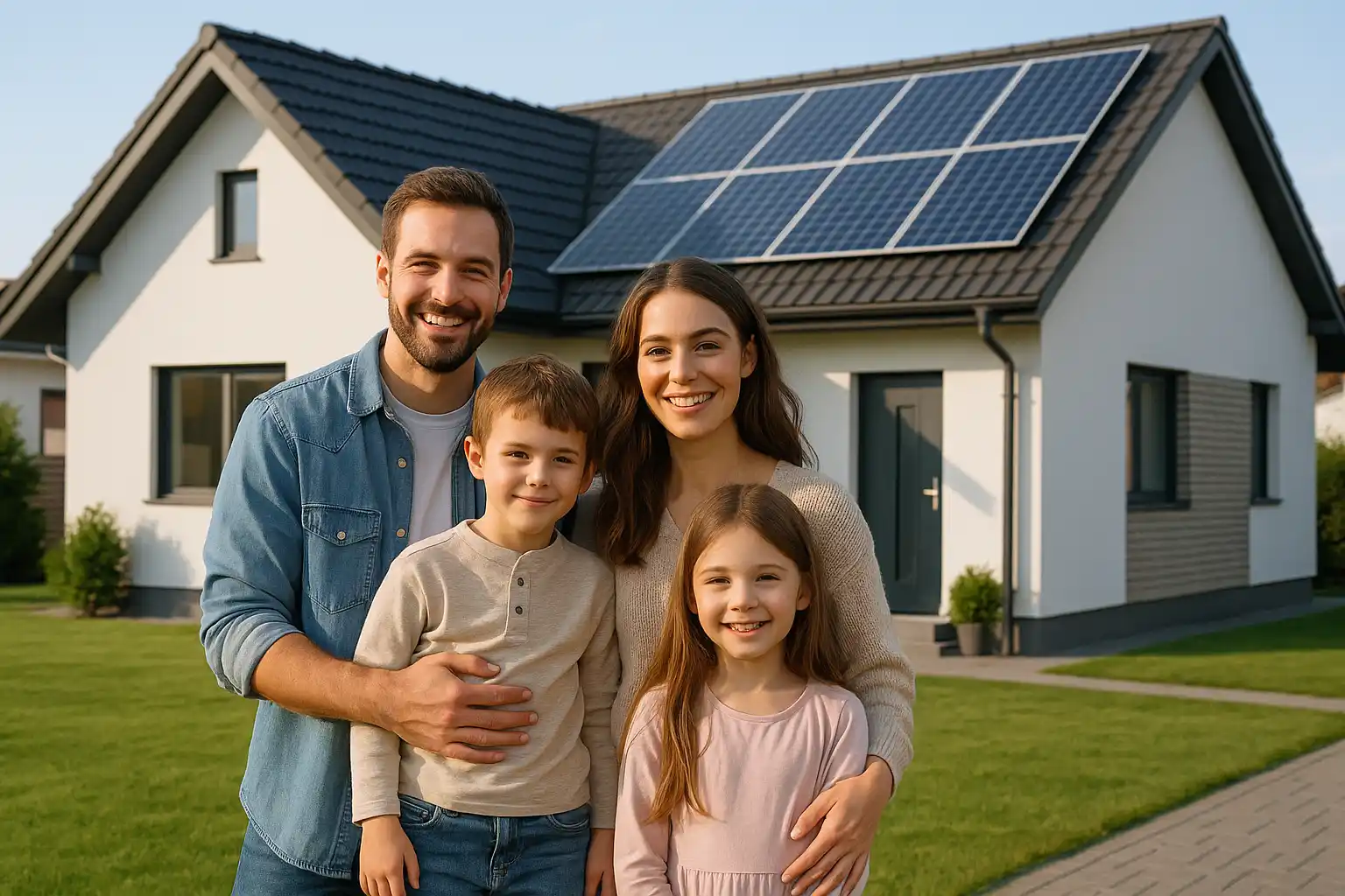 Familie mit Photovoltaik-Anlage