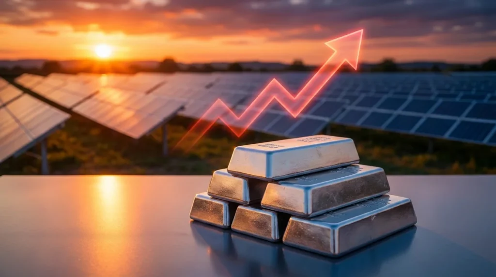 Solarmodule auf Hausdach mit grafischer Darstellung des steigenden Silberpreises im ENnergy Neon-Style