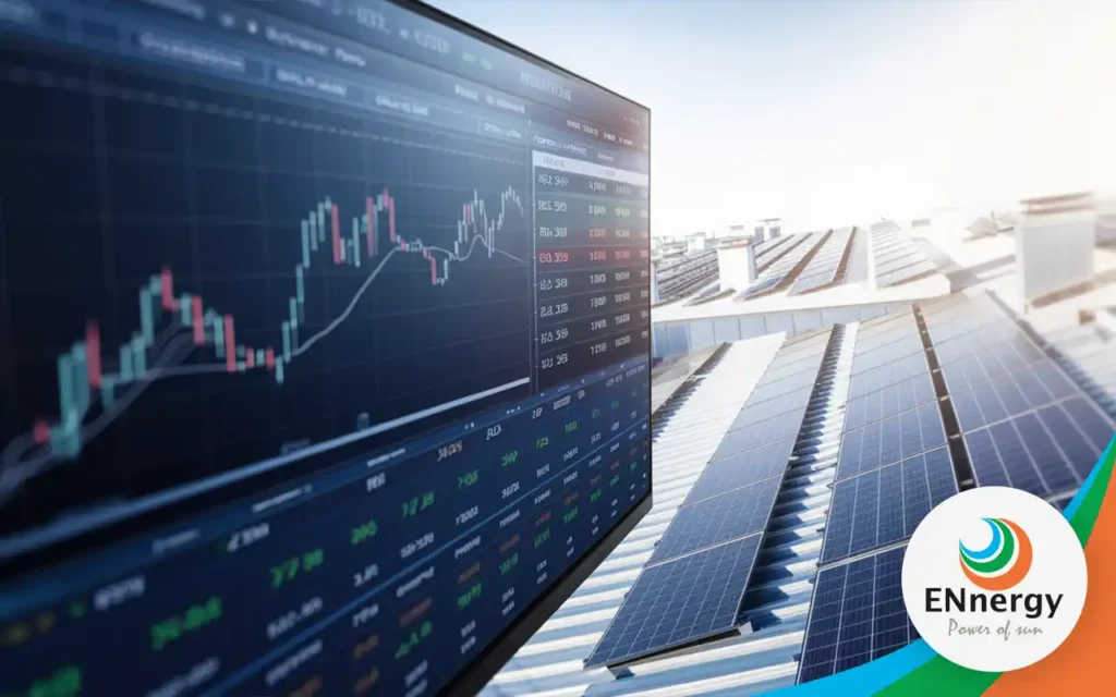 Photovoltaikanlage auf Gewerbedach mit symbolischer Darstellung der Direktvermarktung von Solarstrom an der Strombörse