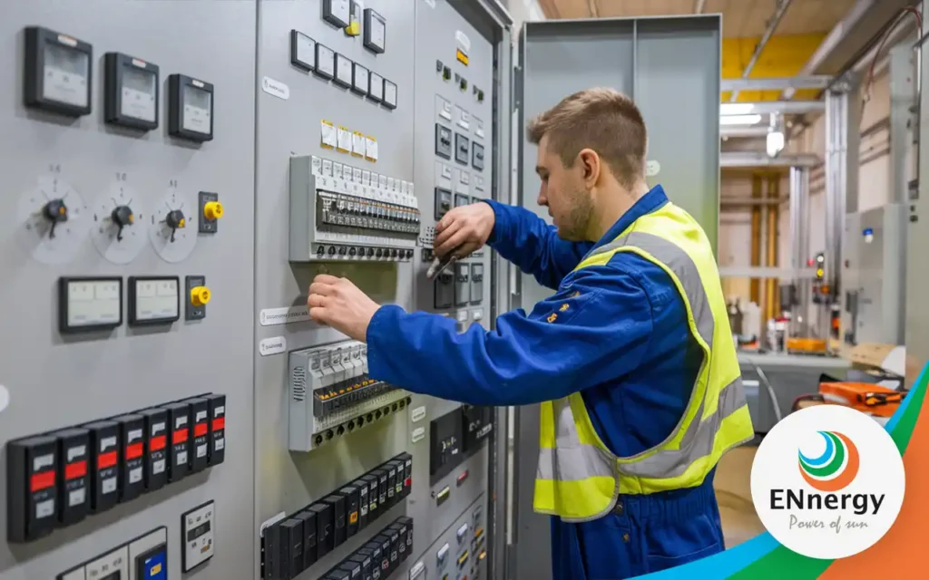 AC-Anschluss einer PV-Anlage: Elektrofachkraft arbeitet am Zählerschrank mit Wechselrichter-Anschluss