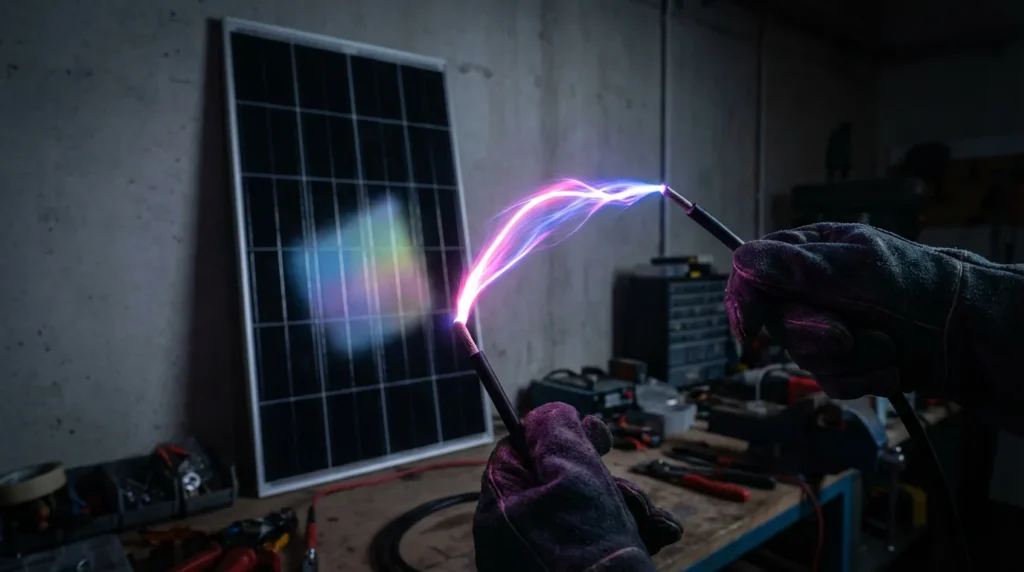 Lichtbogen zwischen zwei Solarkabeln vor einem PV-Modul – AFCI Lichtbogenerkennung für Photovoltaik