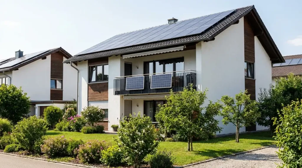 Vergleich Balkonkraftwerk und PV-Anlage: Solarmodule am Balkon neben einer Dach-Solaranlage auf einem Einfamilienhaus