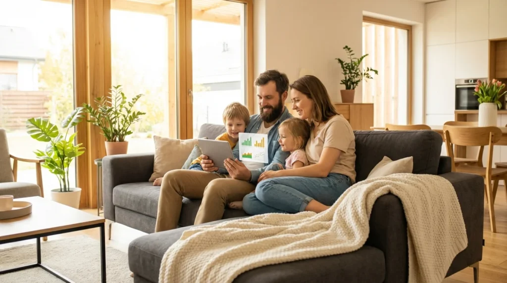 Familie auf der Couch schaut Energieverbrauchsdaten auf dem Tablet – Smart Meter für PV-Anlage