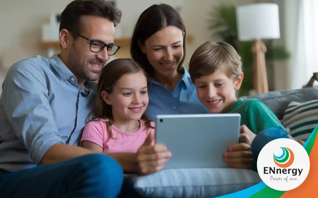 Ratgeber: Digitaler Stromzähler Photovoltaik - Eine junge Familie auf der Couch schaut auf einem Tablet die Verbrauchsdaten ihrer PV-Anlage an