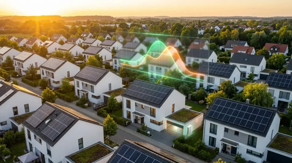 Wohnviertel mit Photovoltaikanlagen auf Dächern und dynamische Strompreis-Grafiken zur Visualisierung flexibler Tarife