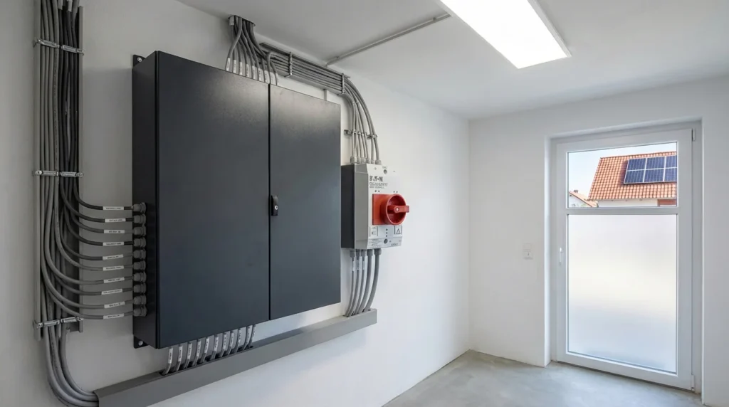 Feuerwehrschalter neben dem Zählerschrank im Hauswirtschaftsraum – DC-Freischalter für PV-Anlage