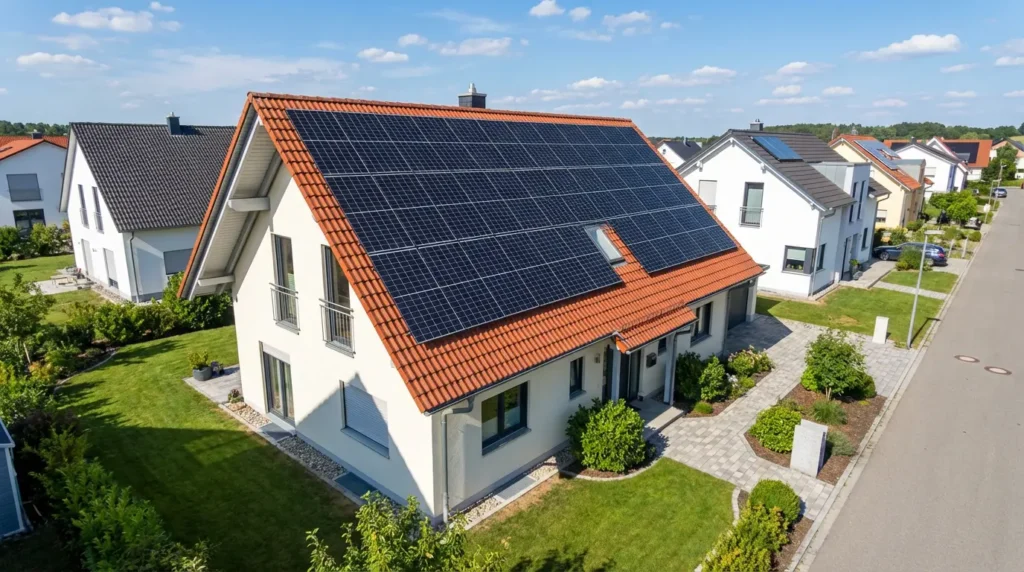 Solaranlage auf Einfamilienhaus-Dach mit Checkliste für häufige Fehler bei der Photovoltaik-Planung