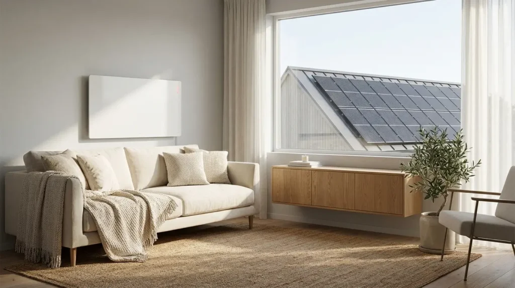 Modernes Einfamilienhaus mit Photovoltaikanlage auf dem Dach und Infrarotheizung an der Wand im Wohnzimmer