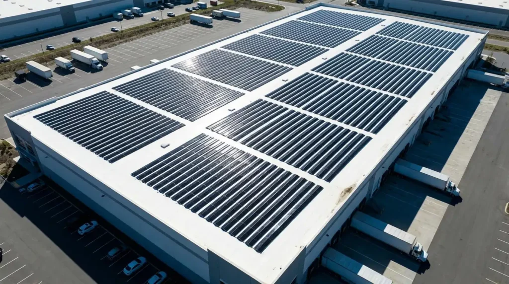 Leichte flexible Solarmodule auf einem Flachdach einer Gewerbehalle mit geringer Traglast installiert