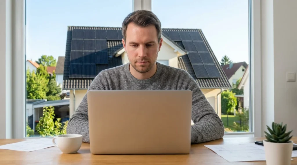 Mann am Laptop registriert seine PV-Anlage im Marktstammdatenregister – Solaranlage auf Nachbardach im Hintergrund