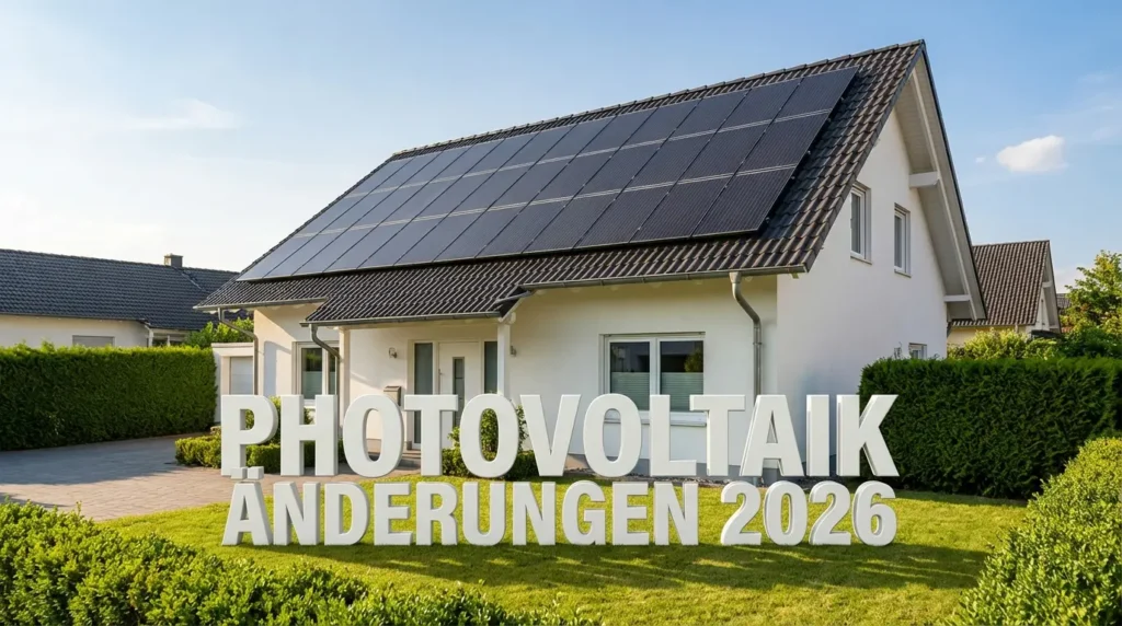 Einfamilienhaus mit Solaranlage auf dem Dach und 3D-Schriftzug Photovoltaik Änderungen 2026 auf dem Rasen davor