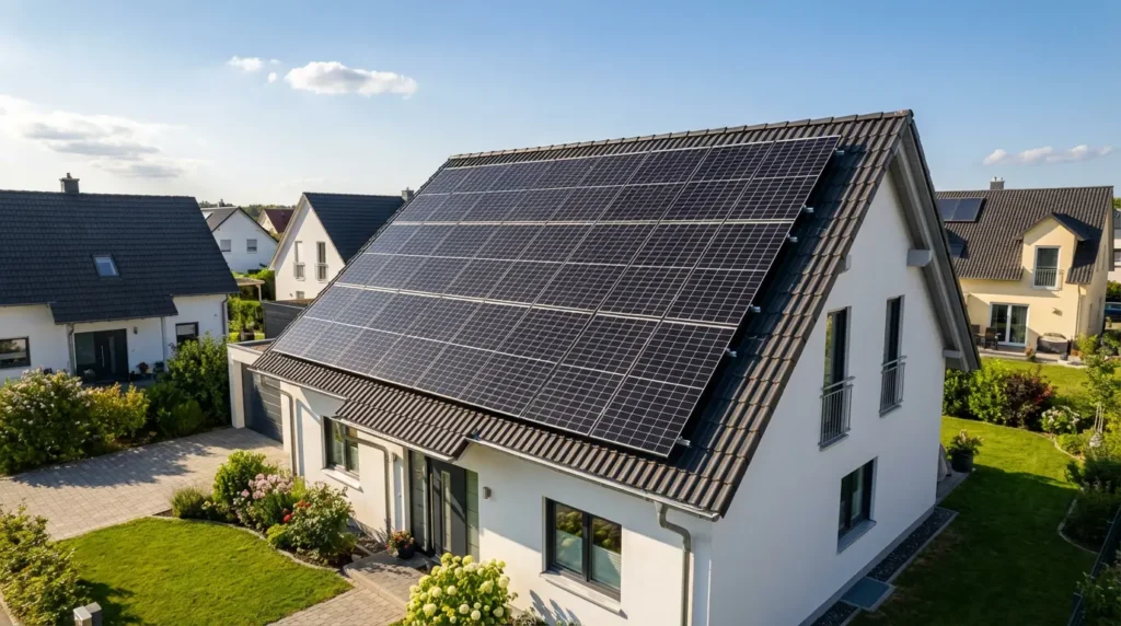 Photovoltaikanlage auf einem Hausdach mit Brandschutz-Symbolen – Faktencheck zur Brandgefahr bei Solaranlagen