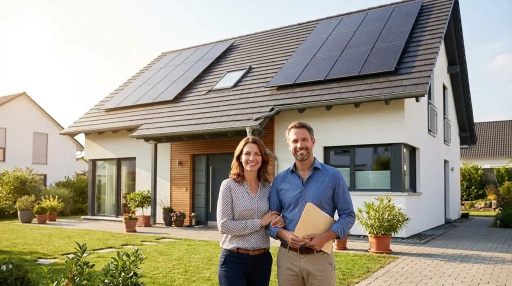 Paar vor Einfamilienhaus mit Solaranlage und Unterlagen zur Photovoltaik Gewerbeanmeldung