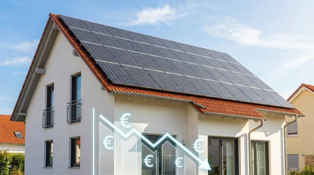 Einfamilienhaus mit Solaranlage und sinkende Kostenkurve - Photovoltaik Kosten 2026