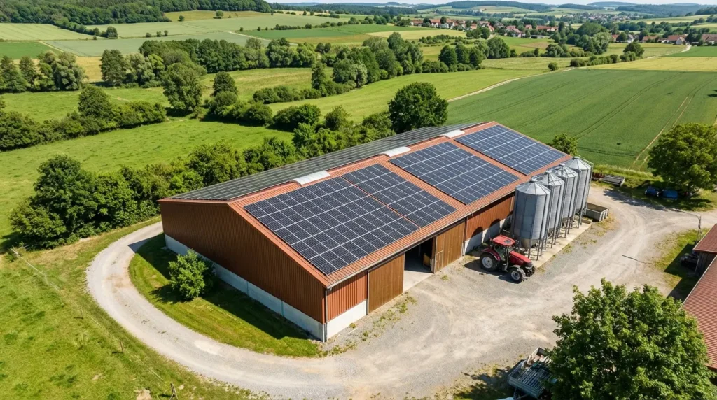 Drohnenaufnahme einer landwirtschaftlichen Scheune mit Photovoltaikanlage auf dem Dach, Silos und Traktor – PV in der Landwirtschaft