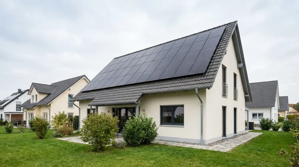 Photovoltaik Nordseite: Schwarze Solarmodule auf Norddach eines Einfamilienhauses mit diffusem Licht