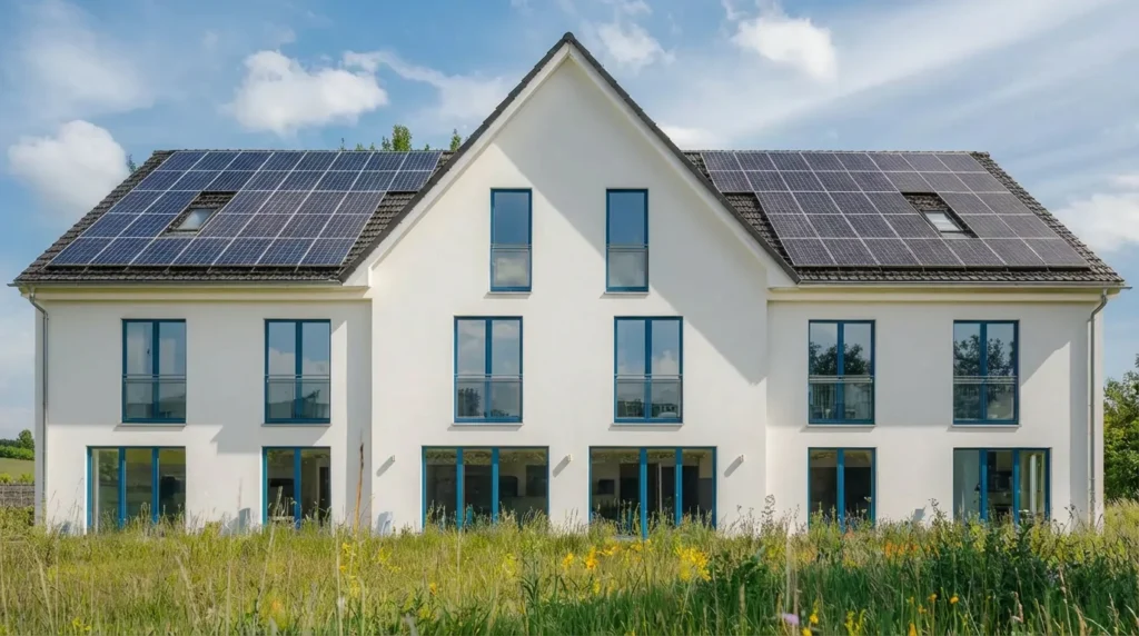 Modernes Mehrfamilienhaus mit großer Photovoltaikanlage auf dem Dach in einer grünen Wohngegend bei sonnigem Wetter