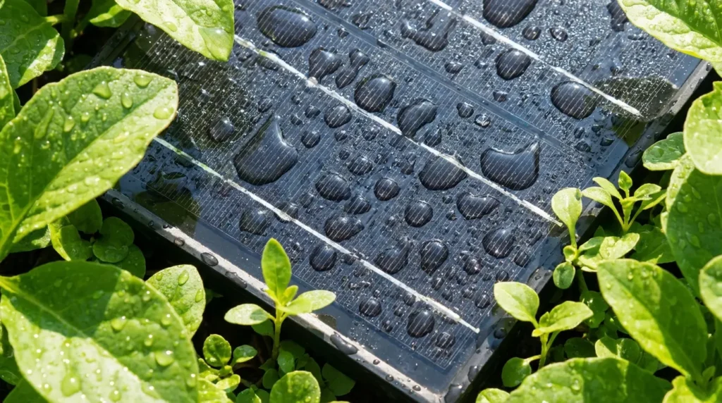 Schwarzes Solarmodul mit Tautropfen umgeben von grünen Pflanzen als Symbol für PFAS-freie nachhaltige Photovoltaik