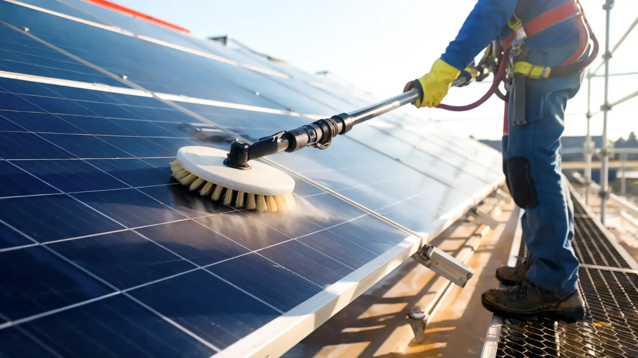 ENnergy Techniker bei der PV-Reinigung auf einem Hausdach
