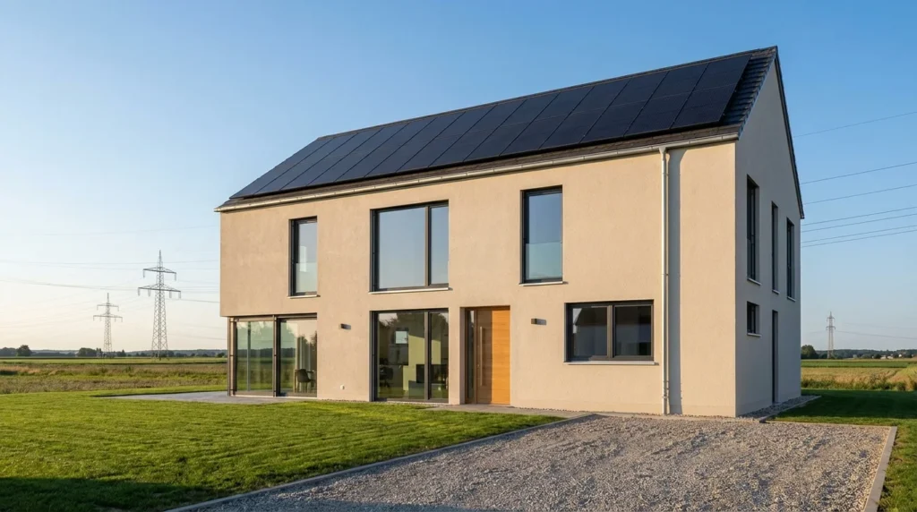 Einfamilienhaus mit Photovoltaik-Anlage und Strommasten im Hintergrund – Rundsteuerempfänger PV-Anlage