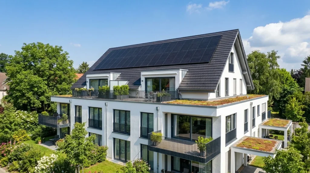Modernes Mehrfamilienhaus mit Solaranlage und Gründach – Solaranlage als Vermieter steuerlich absetzen