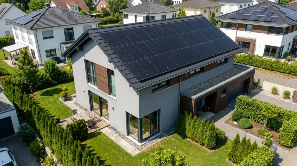 Modernes Einfamilienhaus mit schwarzen Solarmodulen auf dem Dach aus der Vogelperspektive – Solarspitzengesetz