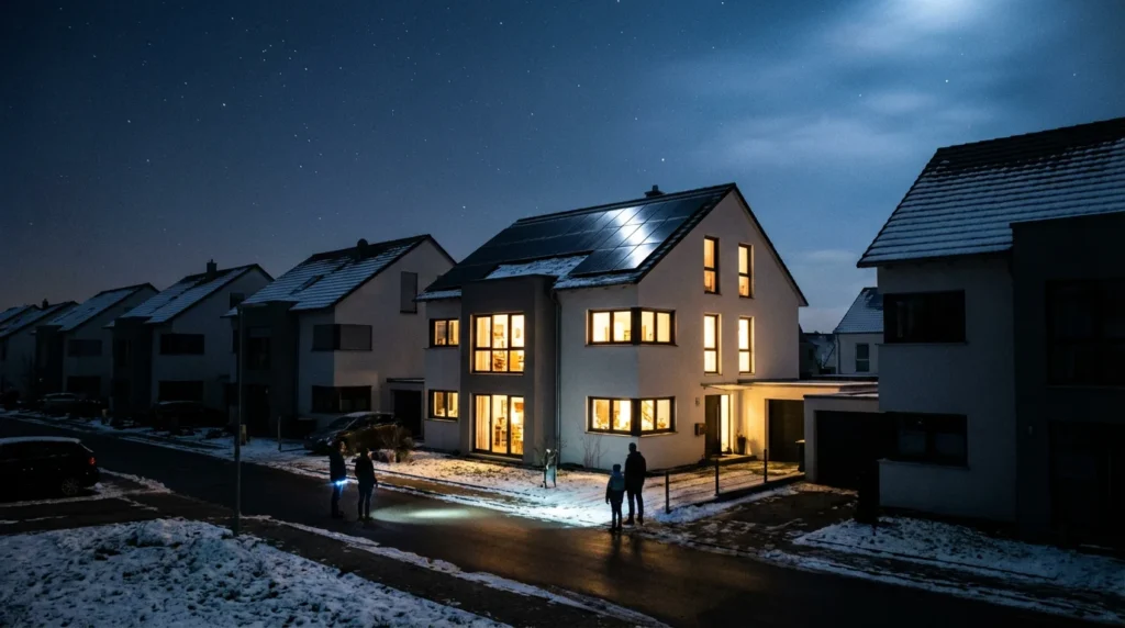 Wohnsiedlung bei Stromausfall in der Nacht – nur ein Haus mit PV-Anlage und Speicher hat Licht