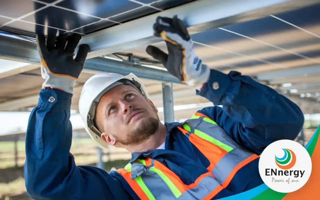 Ratgeber: Wartung PV Anlage. Abbildung: Ein ENnergy Techniker inspiziert eine Solaranlage