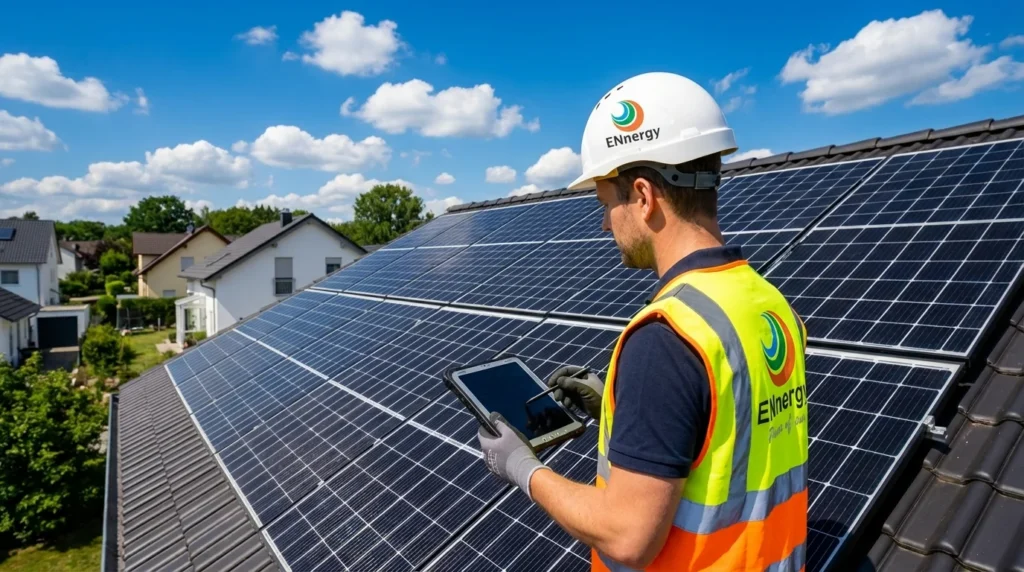 ENnergy-Techniker mit Tablet inspiziert Solarmodule auf einem Hausdach – Wartung PV Anlage