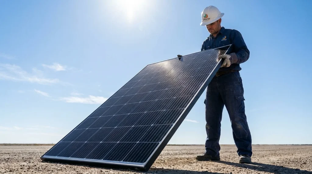 ENnergy-Monteur hält großes Solarmodul im Sonnenlicht – Watt Peak Leistung erklärt