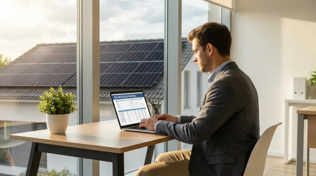 Mann am Laptop sucht die ZEREZ ID für seinen Wechselrichter im Online-Register mit Solaranlage auf dem Nachbardach im Hintergrund