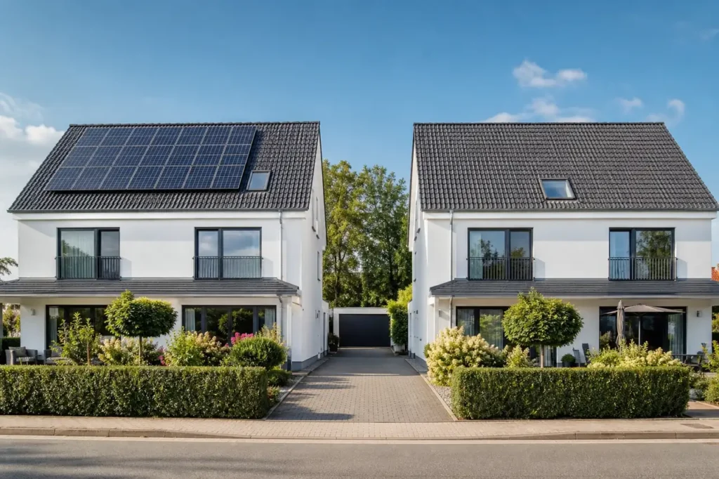 Reihenhaussiedlung mit Photovoltaik auf den Dächern, deren Bewohner per Energy Sharing ihren Solarstrom mit Nachbarn teilen