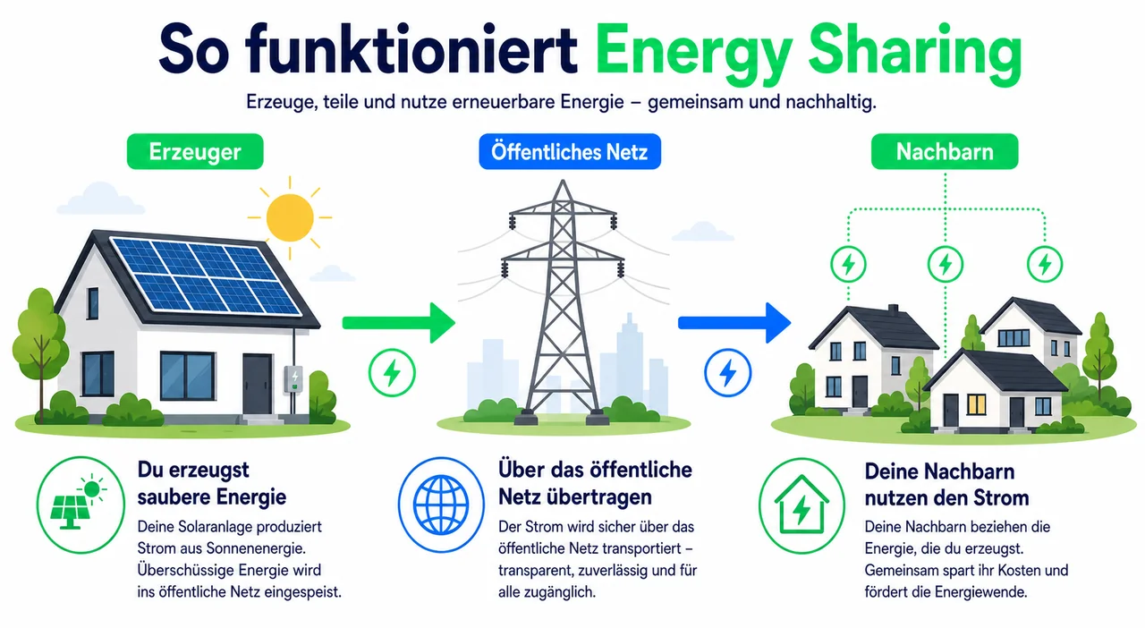 Infografik zeigt die Funktionsweise von Energy Sharing: Solarstrom fließt vom Erzeuger über das öffentliche Netz zu den Nachbarn