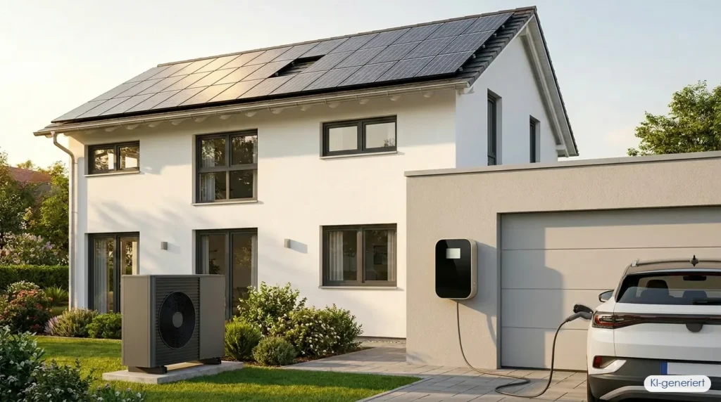 Wärmepumpe und Wallbox an einem Einfamilienhaus als steuerbare Verbrauchseinrichtungen nach §14a EnWG, KI-generiert
