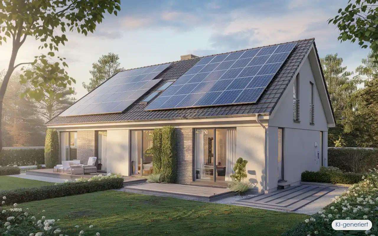 Modernes Einfamilienhaus mit Photovoltaikanlage auf dem Dach - dank 0% Mehrwertsteuer 2026 besonders günstig